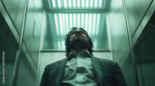 A weary man in a suit stands leaning in a dimly lit elevator, showcasing emotions of exhaustion and contemplation within an industrial and confined environment. photo