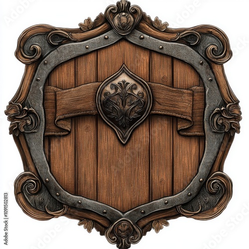 An ornate wooden shield with decorative metal accents, showcasing a blend of craftsmanship and medieval fantasy elements. photo