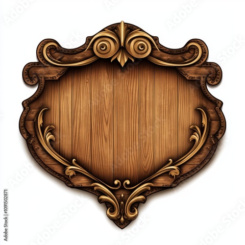 Elegant vintage wooden plaque with ornate golden decorations, perfect for personalizing with text. photo