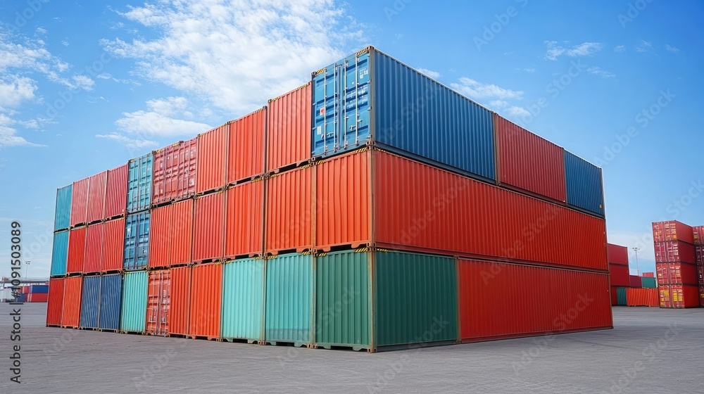 Fototapeta premium Containers in shipping yard, shipping port, 3D