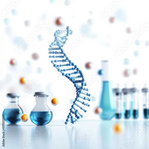 Molecular biology lab with DNA models and sequencing equipment, representing genetic research