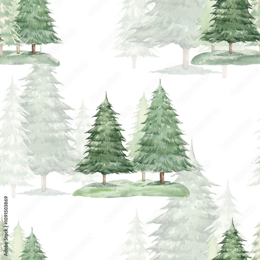 Obraz premium Watercolor seamless pattern with green fir trees or spruces. Botanical fir trees. Noel firs print, winter frozen pine trees on blue background, wallpaper, wrapping paper design