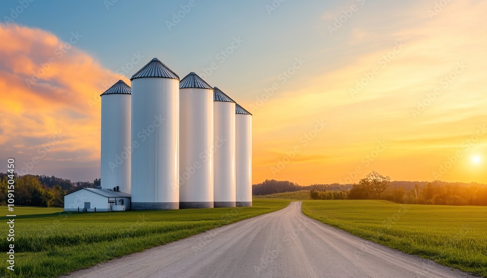 Obraz premium A serene landscape featuring large silos beside a dirt road, with a vibrant sunset creating a picturesque rural scene.