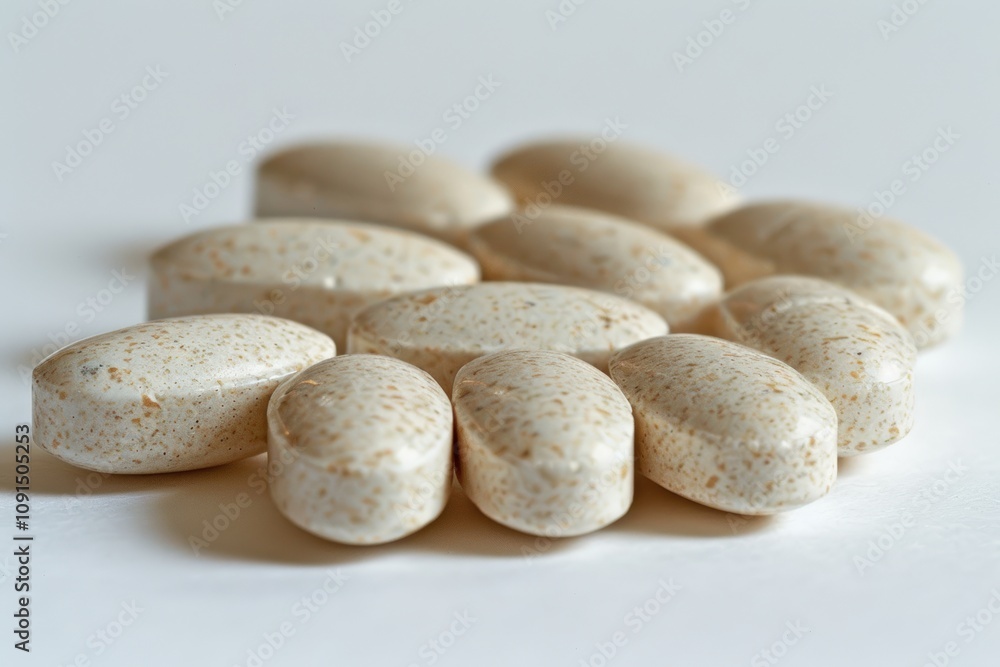 Obraz premium A close-up of several beige, oval-shaped dietary supplements arranged on a light surface.