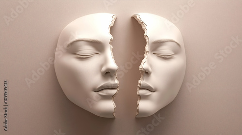 A photorealistic image of two halves of a face joined together. Multiple personality day. Bipolar disorder. 
