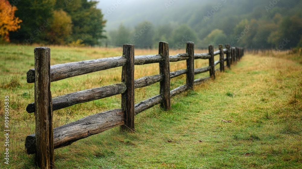 Fototapeta premium Wooden Fence Runs Through Green Field and Trees