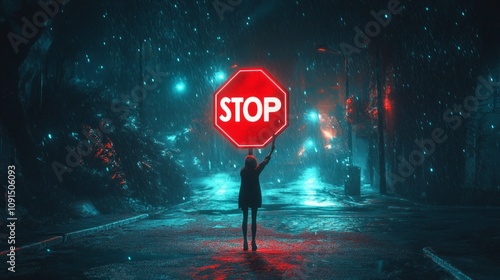 A figure holds a glowing stop sign in a rainy, neon-lit urban street scene.