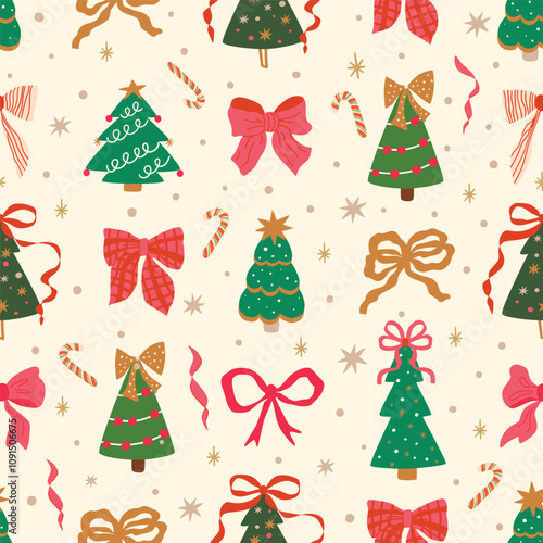 Christmas bows seamless pattern. Cute festive Christmas tree, bow knots, ribbons repeat background, colorful winter holiday Vector New Year celebration ornament, hand drawn wallpaper, wrap, gift paper