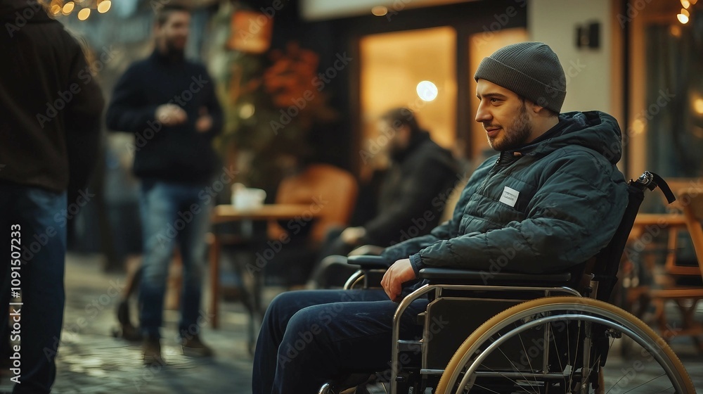 Obraz premium a man sitting in a wheel chair on a sidewalk