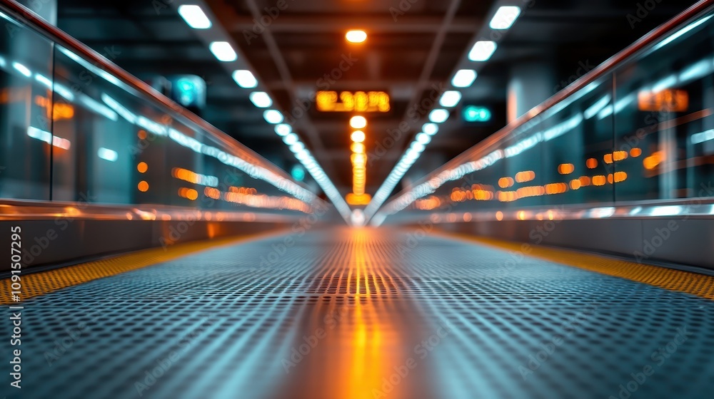 A low-angle view of a dynamic, orange-lit airport terminal walkalator, emphasizing the themes of travel, motion, and the flow of modern transportation hubs. A low-angle view of a dynamic, orange-lit airport terminal walkalator, emphasizing the themes of travel, motion, and the flow of modern transportation hubs.