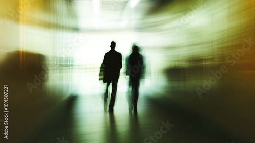 Abstract blurred image of two figures, presumed to be a doctor and a patient, walking through a hospital corridor, creating a dynamic and ethereal background effect. photo