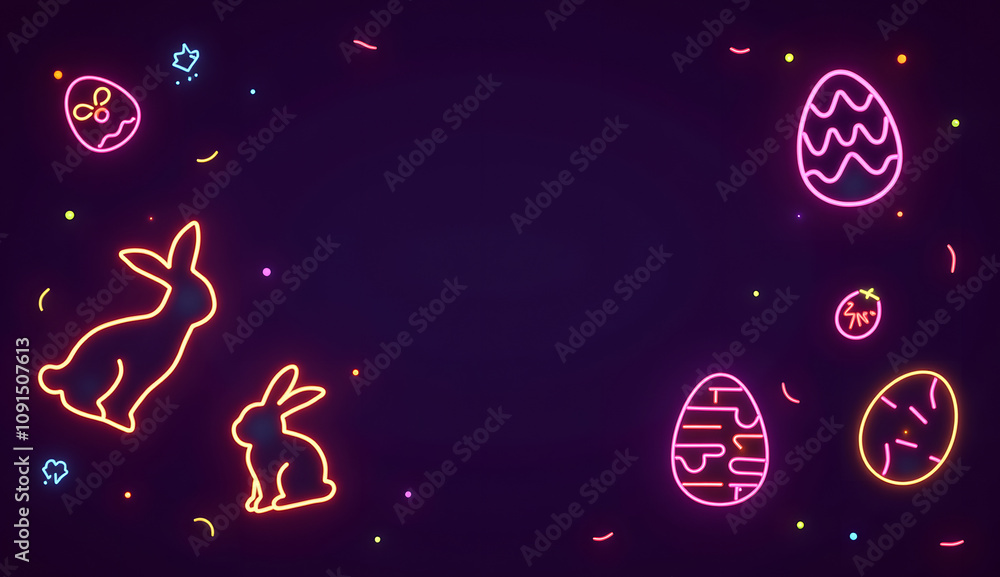 Naklejka premium Colorful Easter bunny and eggs neon illustration with copy space
