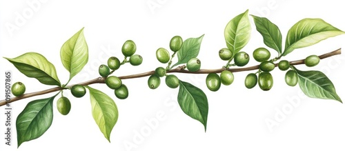 Wallpaper Mural Botanical Illustration of Coffee Branch with Green Berries and Leaves Torontodigital.ca