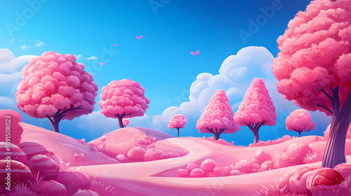 Candy-themed landscape with pink sugar-coated trees and candy hills under a blue sky. Candyland Sugar Hills. Illustration