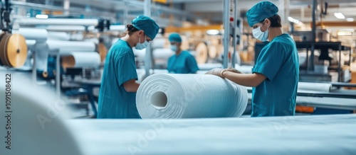 Manufacturing Non Woven Fabrics: Workers in a Modern Factory Handling Large Rolls of Material photo