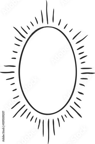 Hand drawn oval frame with sun rays, perfect for design projects. Retro black and white style, versatile for fashion, wedding, and more