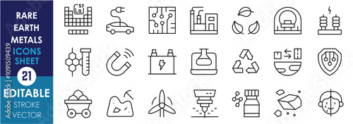 A set of line icons related to Rare Earth Metals. Periodic table, circuit, magnet, chemical, ore, processing, defense, critical minerals, laser, mining, and so on. Vector editable stroke.