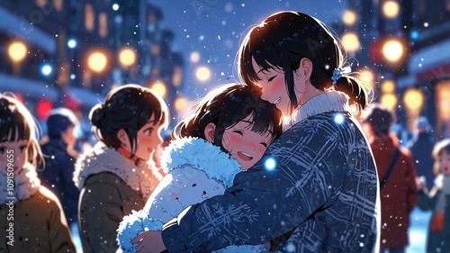 happy people play with snow in winter Christmas season in anime style