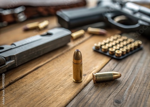 Captivating Tilt-Shift Photography of a 9mm Bullet on a Table Surrounded by Soft Focus Background Elements, Highlighting the Intricacies of Firearm Design and Precision Craftsmanship photo