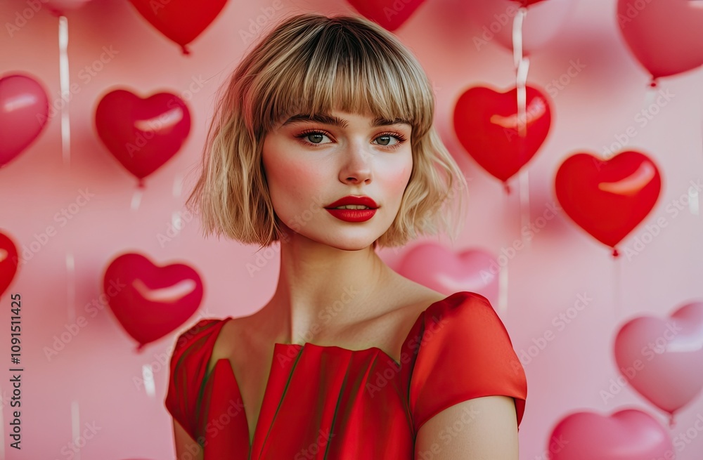 A beautiful young woman with short blonde hair and bangs poses in front of heart-shaped balloons for Valentine's Day A beautiful young woman with short blonde hair and bangs poses in front of heart-shaped balloons for Valentine's Day