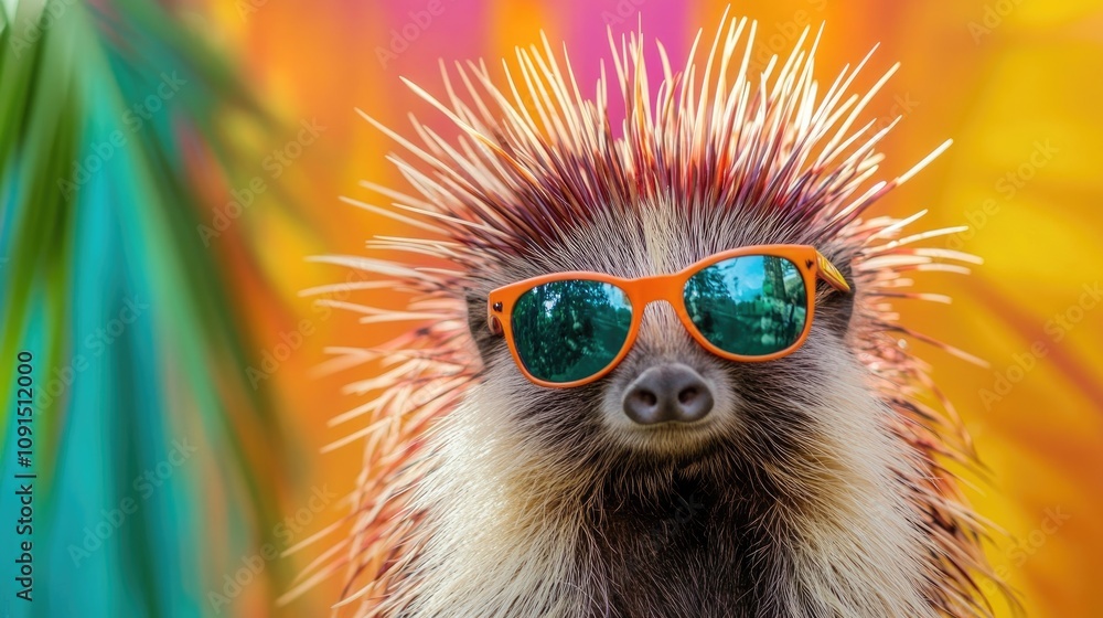 Charming porcupine wearing bright orange sunglasses, set against a colorful, lively backdrop that exudes a playful and whimsical atmosphere. Charming porcupine wearing bright orange sunglasses, set against a colorful, lively backdrop that exudes a playful and whimsical atmosphere.