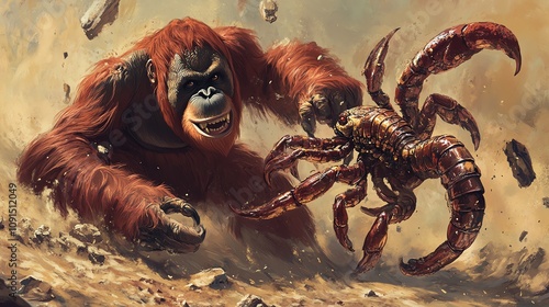 A fierce battle between a giant gorilla and a colossal crab in a dramatic and surreal setting. photo