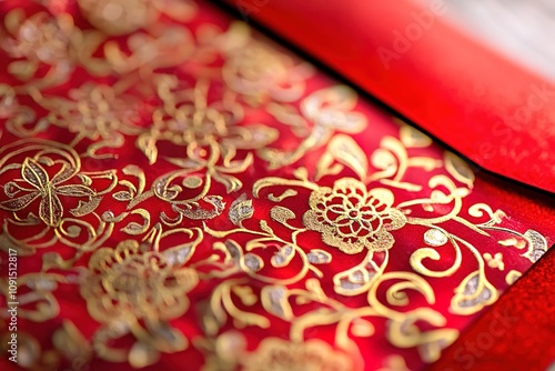 Elegant red and gold patterned fabric close-up photo