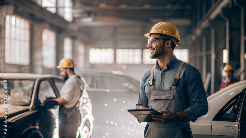 Portrait of happy worker engineer with yellow helmet holding tablet at car factory, industry operative, people at work