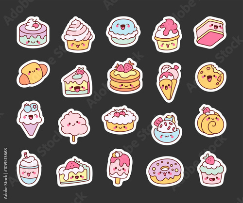 Cute kawaii cartoon sweets and dessert characters with adorable and playful expressions for kids and creative design projects
