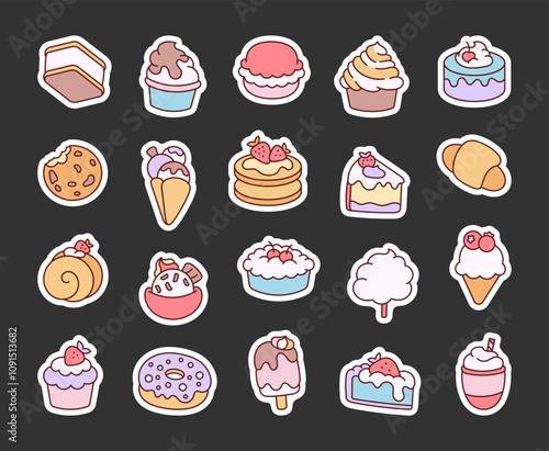 Sweets and dessert outline illustrations of delicious cakes, cupcakes, cookies, ice cream, donuts, macarons, croissants, pies, pancakes, milkshakes, and pastries for creative projects