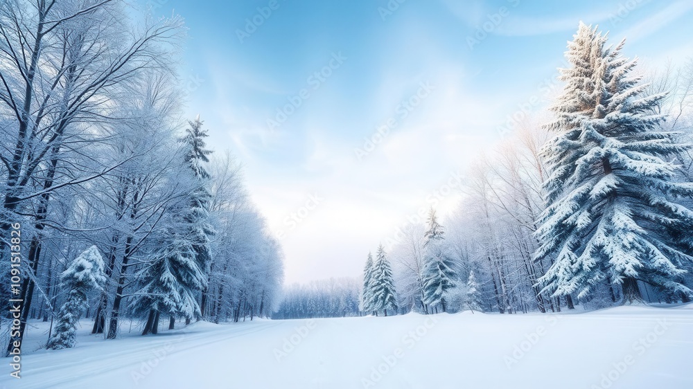 Fototapeta premium A peaceful winter background with snow-covered trees and a sparkling blue sky, cold, trees
