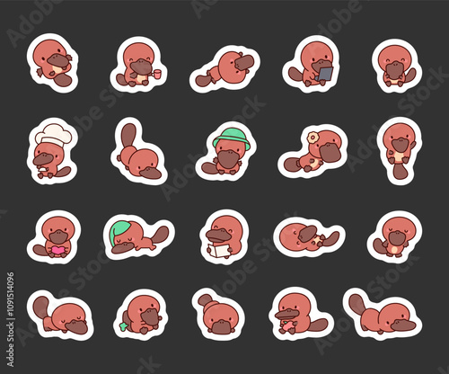 Cute kawaii cartoon platypus characters in outline style with various poses and playful activities for creative design and decor collection elements