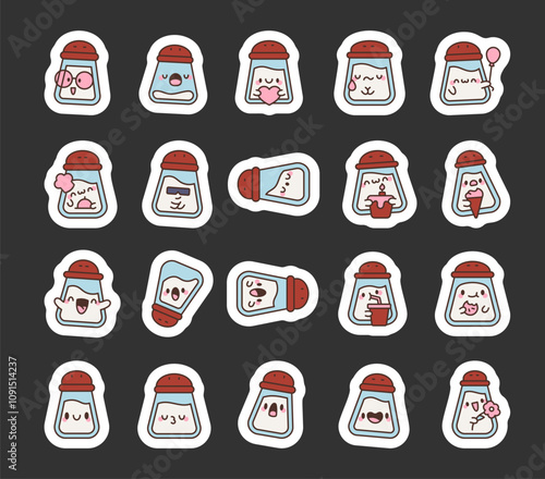 Set of kawaii salt shaker cartoon characters with funny and cute facial expressions for food decoration and creative emotional adorable illustration design ideas