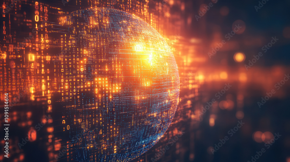 Fototapeta premium A glowing holographic Earth surrounded by data streams and binary codes, symbolizing global digital connectivity