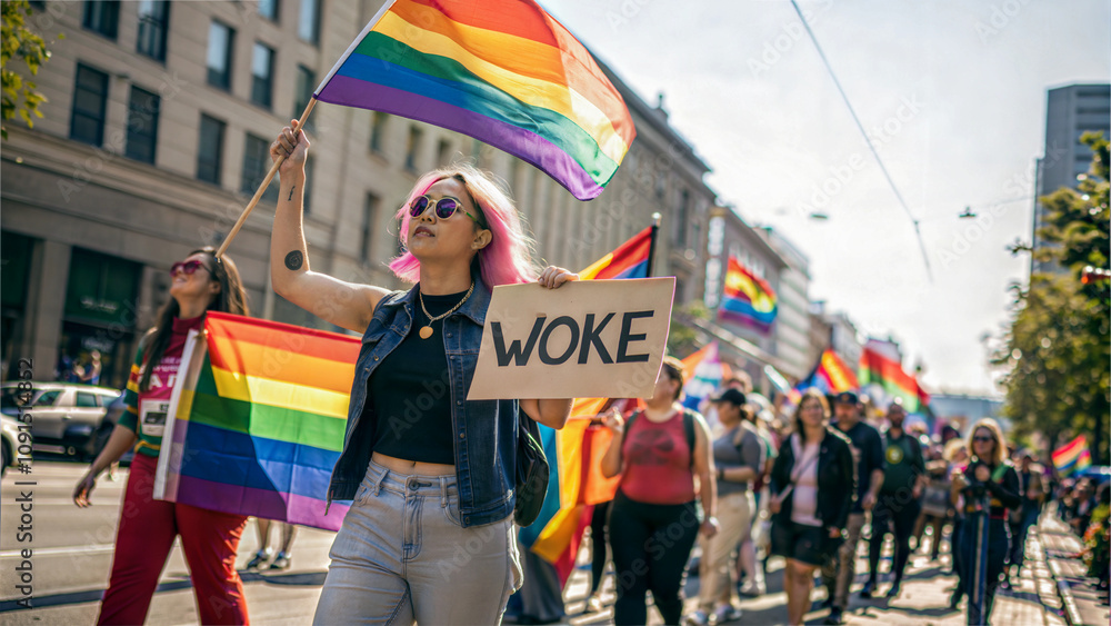Group of woke activist community protesting in city streets, transgender, lgbtq, rainbow flag, gay, equality, woman holding sign