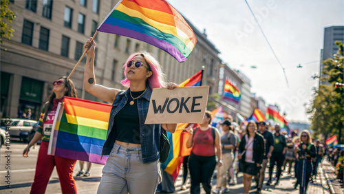 Obraz na płótnie Group of woke activist community protesting in city streets, transgender, lgbtq, rainbow flag, gay, equality, woman holding sign w salonie