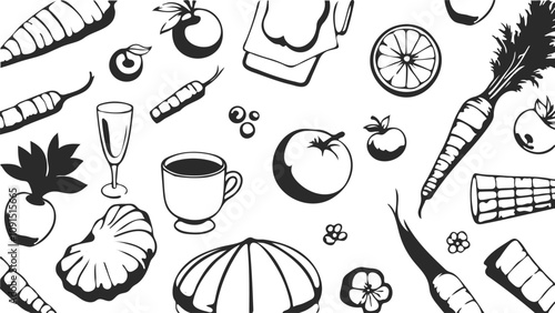 Set of Food Icon line art, Seamless pattern with fruits 
vegetables Vector,  food Drawing  Illustration Background.	 photo