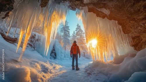 Adventurer explores a winter ice cave with golden sunlight photo