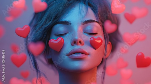 A serene portrait of a woman surrounded by floating hearts, conveying love and affection. photo