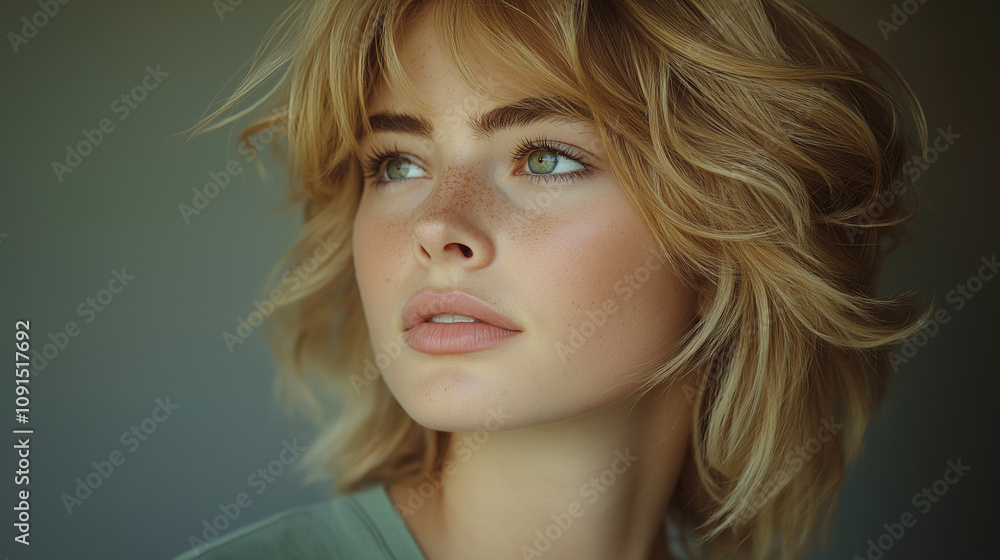 Naklejka premium Natural Portrait of Freckled Woman with Wavy Blonde Hair and Green Eyes in Soft Lighting
