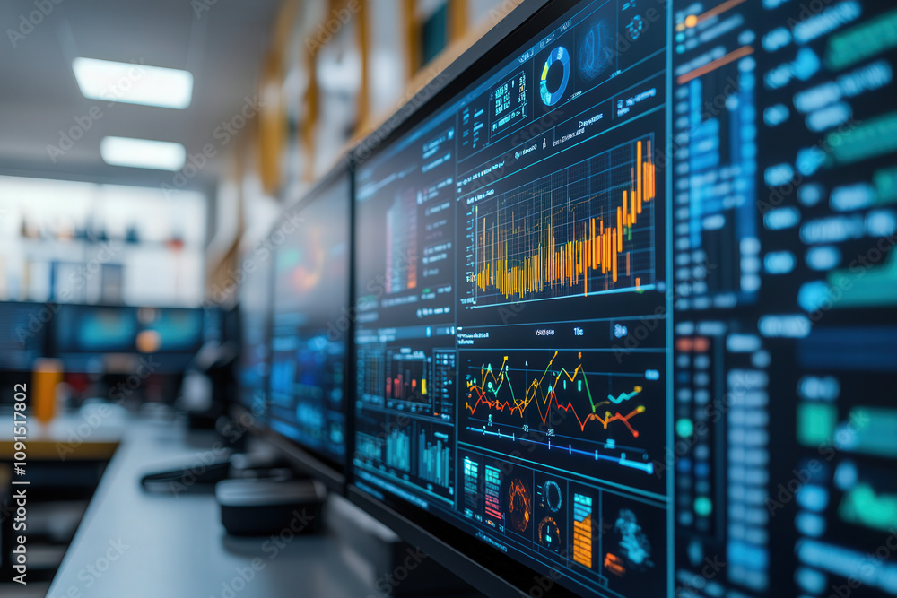 A science classroom with a modern digital display showing AI-assisted data visualizations and graphs A science classroom with a modern digital display showing AI-assisted data visualizations and graphs