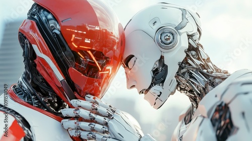 A captivating futuristic scene of two humanoid robots sharing a deeply intimate moment, underlining themes of emotion and technology's interplay in a cyber world. photo