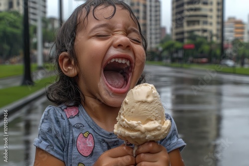 Niño disfrutando de un helado en un día caluroso Un niño pequeño sonriendo mientras sostiene un helado en un día soleado, con un parque de fondo photo