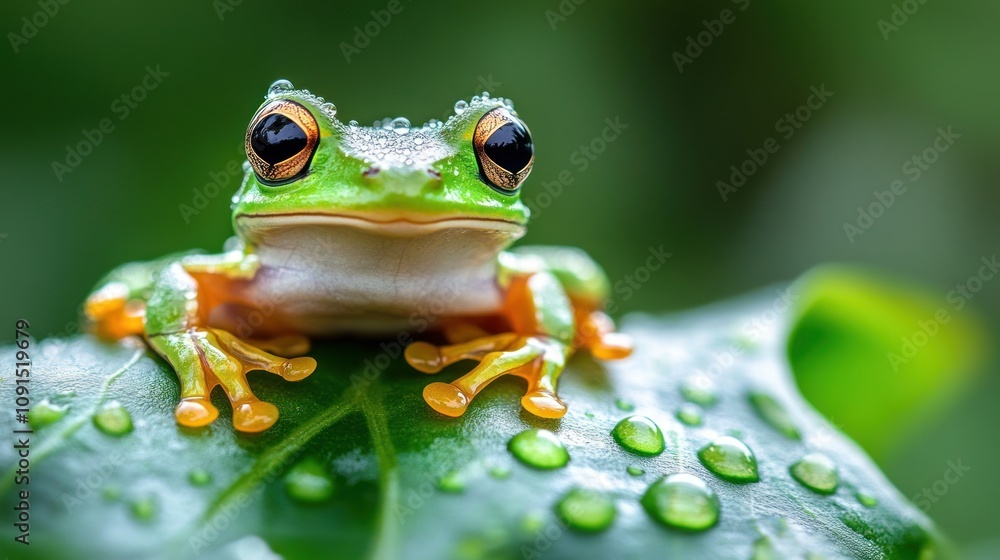 Naklejka premium Close-up of a vibrant green tree frog perched on a dew-covered leaf.