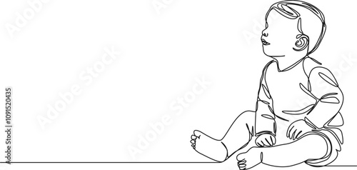 continuous single line drawing of toddler sitting on floor, line art vector illustration