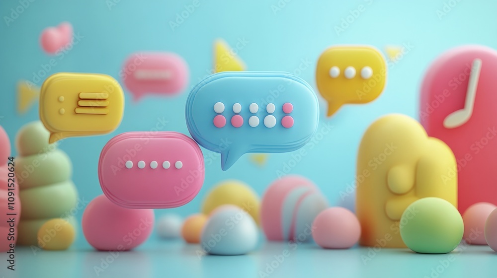 Obraz premium Colorful 3D speech bubbles and shapes, symbolizing communication and social interaction.