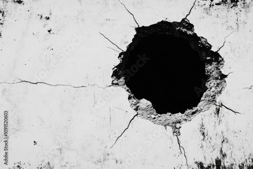 A dramatic black hole punctuates a cracked white concrete wall, capturing contrast and tension, symbolizing emptiness and disruptive forces within urban landscapes.