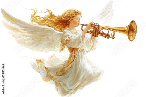 A golden-haired angel dressed in a flowing white gown plays a trumpet while soaring. Emphasizing grace and serenity, her wings spread grandly.