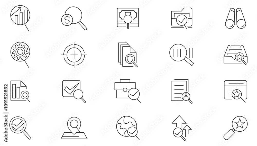 Search line icon set. Evaluation, production, quality assurance, certificate, testing, magnifying glass, computer, internet, network, web line icon set. UI thin line icon pack. Search line icon set. Evaluation, production, quality assurance, certificate, testing, magnifying glass, computer, internet, network, web line icon set. UI thin line icon pack.