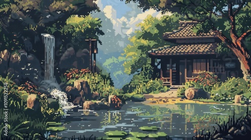 Pixel art Japanese garden with a pond, traditional house, and waterfall. Scenic nature environment with lily pads and lush greenery. Generative AI